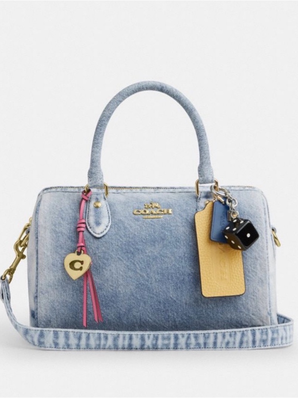 Coach Light Blue Denim Dome Satchel with Pink Charm and Gold Accents